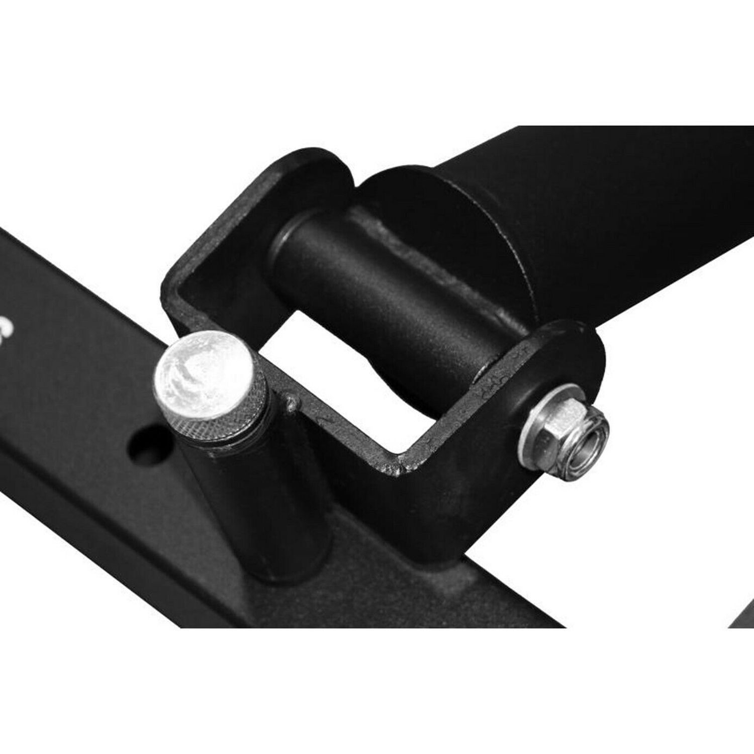 Nahaufnahme eines schwarzen T-Bar Row Langhanteltrainers. Detail der Verbindung von Griff und Stütze.