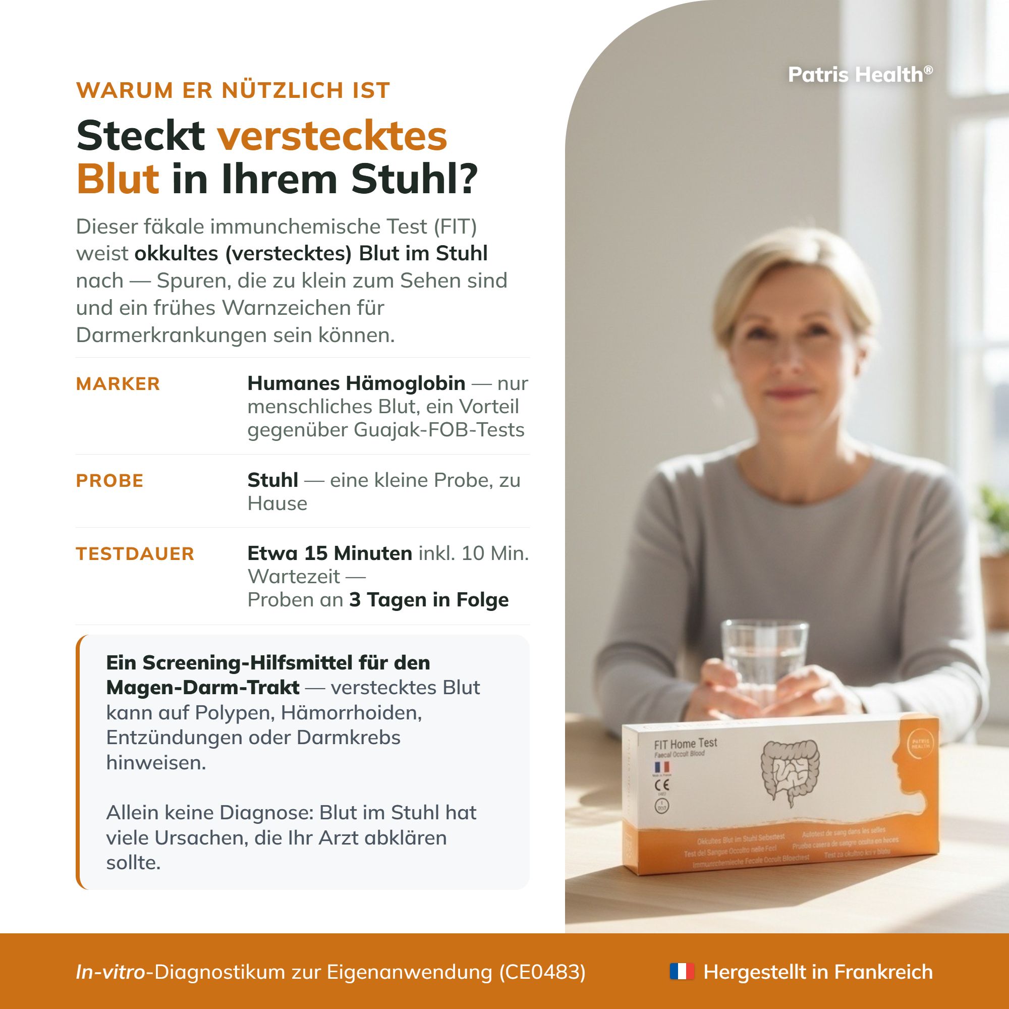Zwei Packungen des FIT Home Test Stuhltest-Kits mit Darm-Symbol und Kopfprofil.