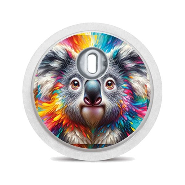 Runder Aufkleber mit einem Koala-Gesicht. Bunte Farben. Der Aufkleber hat eine Aussparung für den Sensor.