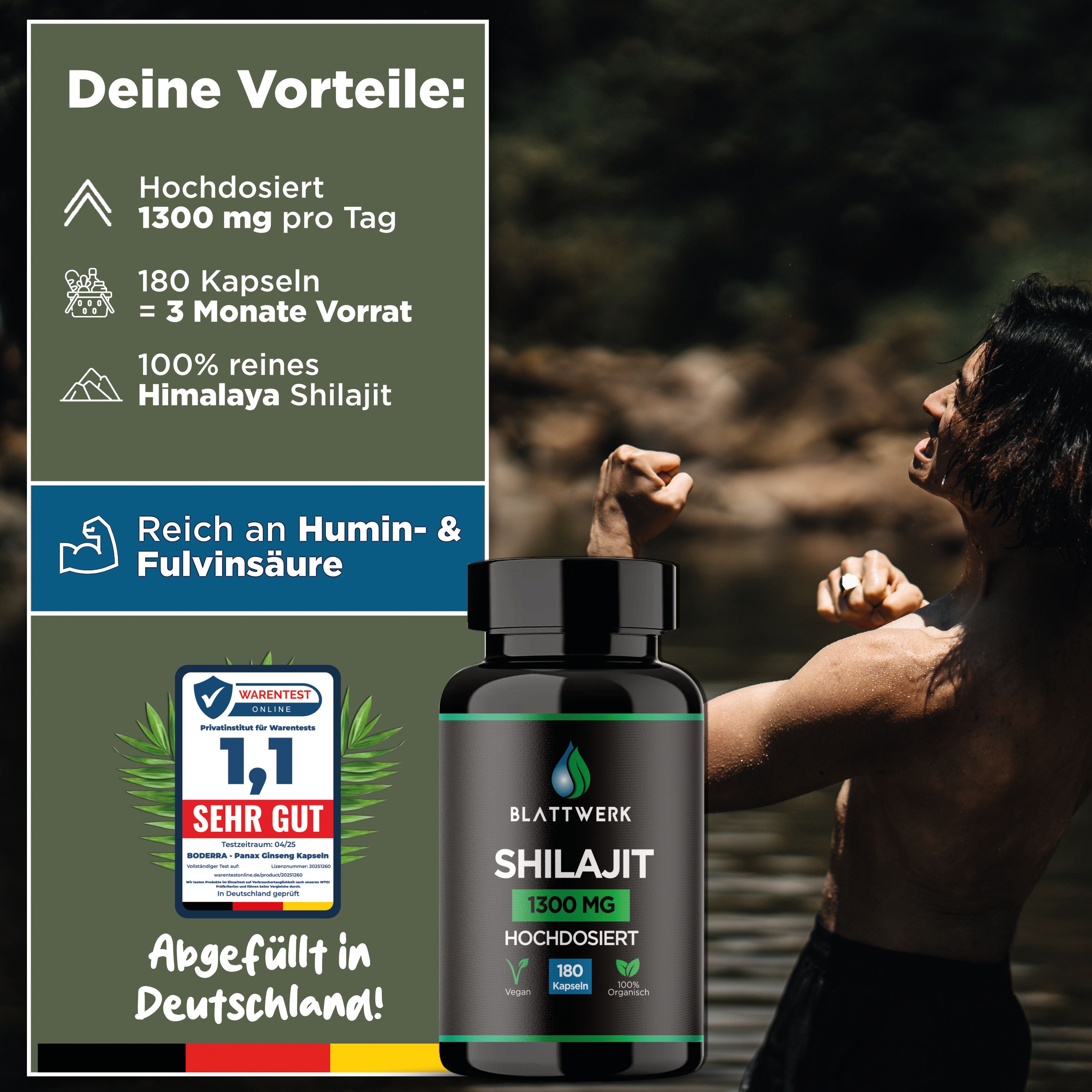 Mann am Wasser mit Flasche. Text: 1300 mg pro Tag, 180 Kapseln = 3 Monate Vorrat, 100% reines Himalaya Shilajit. Siegel: SEHR GUT. Abgefüllt in Deutschland!
