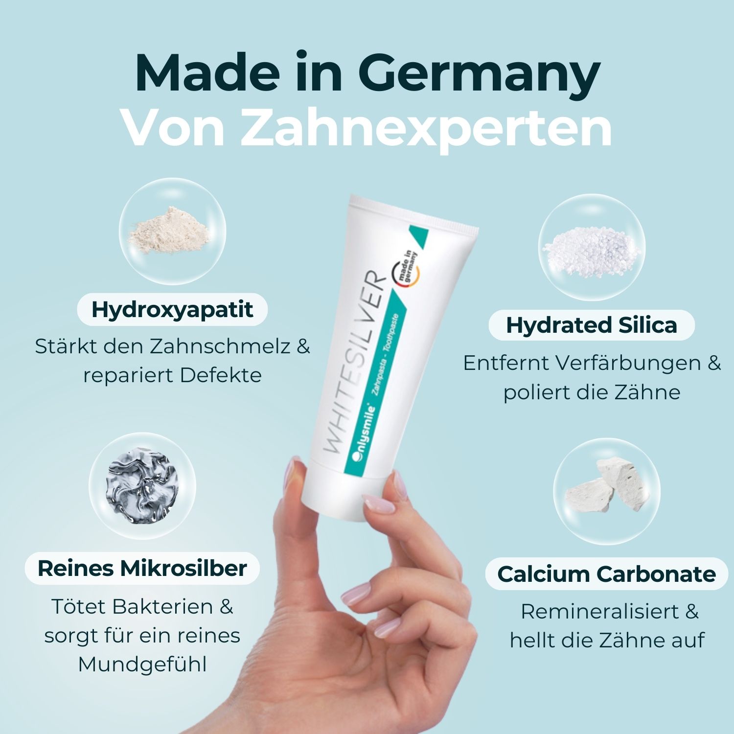 Zahnpasta und Inhaltsstoffe. Hydroxyapatit, Calciumcarbonat, Micro-Silber, hydrierte Kieselsäure. Made in Germany.