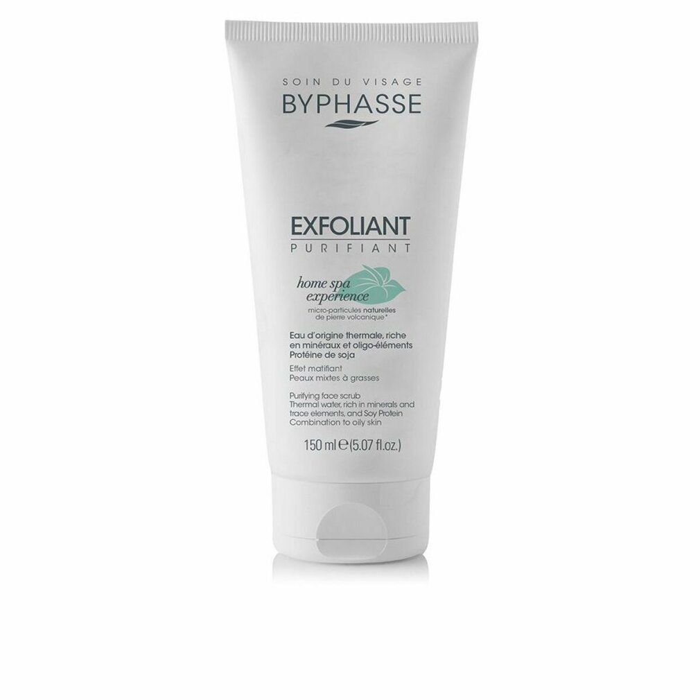 Weiße Tube mit Produktaufschrift. Text: BYPHASSE, EXFOLIANT PURIFIANT, home spa experience. Enthält Mineralien und Spurenelemente. Für fettige Haut.