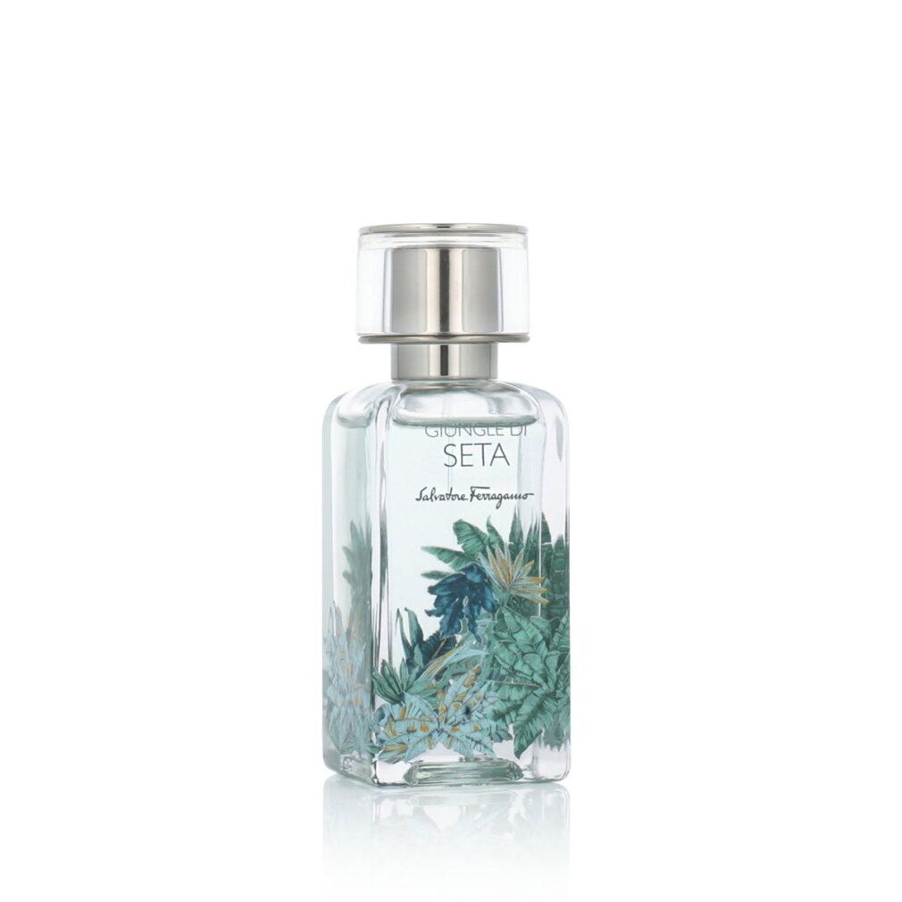 Salvatore Ferragamo Giungle di Seta Eau de Parfum Flakon mit silbernem Verschluss und botanischem Motiv.
