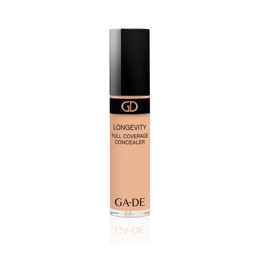 Ga-De Longevity Full Coverage Concealer. Beige Flüssigkeit in einer zylindrischen Flasche mit schwarzem Deckel. Marke und Produktname sind sichtbar.