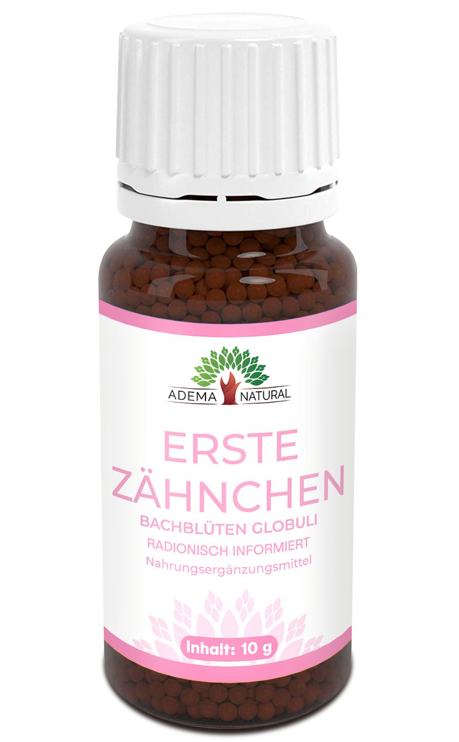 Braune Globuli in einer braunen Glasflasche mit weißem Deckel. Etikett mit rosa Akzenten und Text: Erste Zähnchen, Adema Natural.