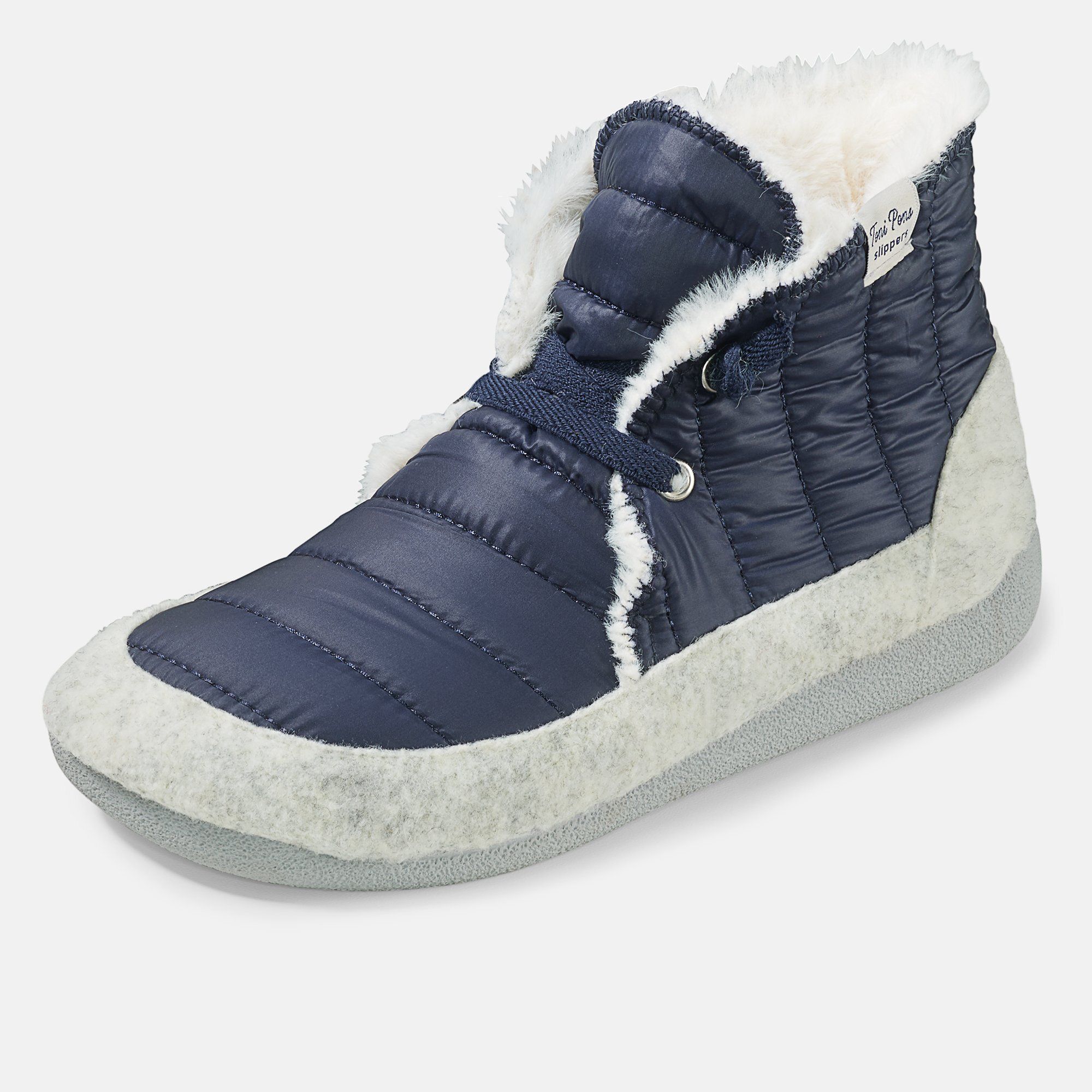 Blaue Pantoletten/Hausschuhe mit weißem Fellfutter. Steppdesign, Schnürsenkel. Graue Sohle. Label am Schaft.