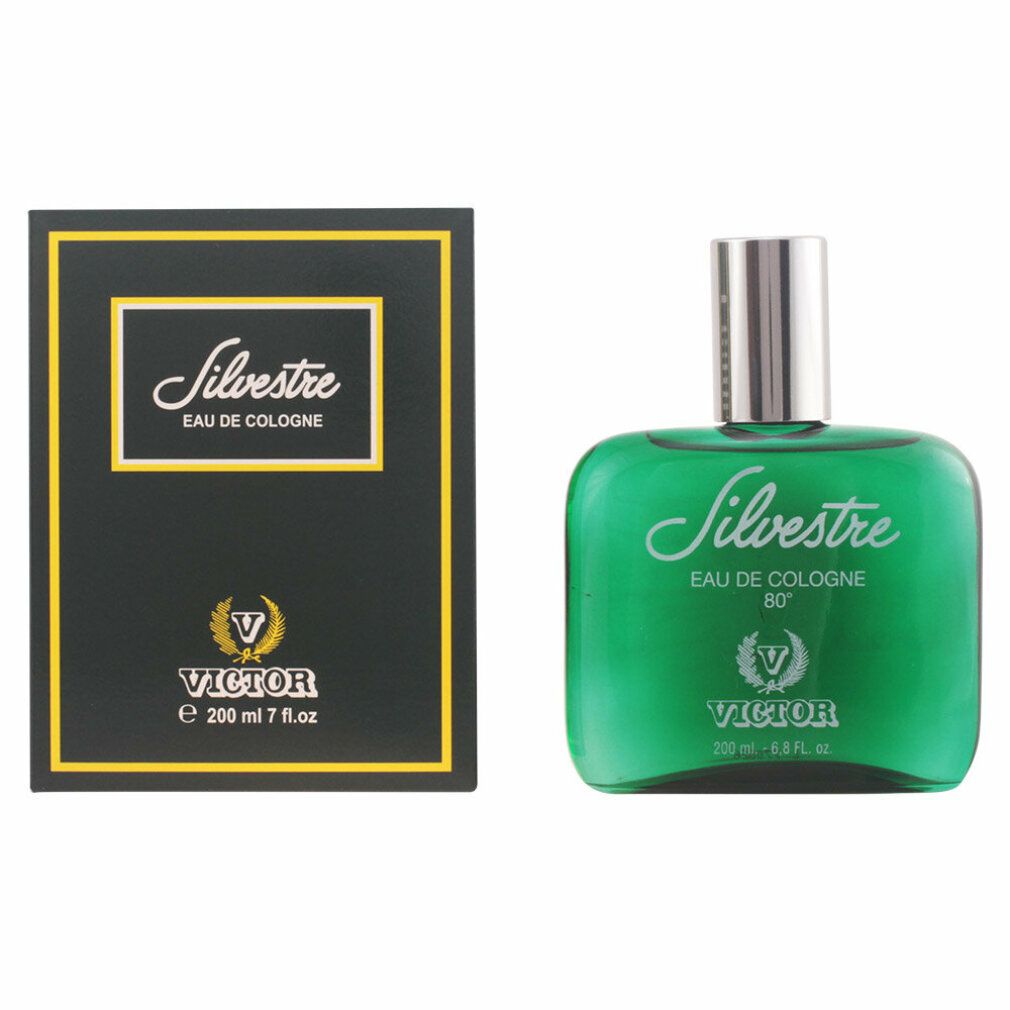 Grüne Eau de Cologne-Flasche und schwarze Schachtel mit gelbem Rahmen. Auf der Flasche steht "Silvestre Eau de Cologne". Auf der Schachtel steht "Victor".
