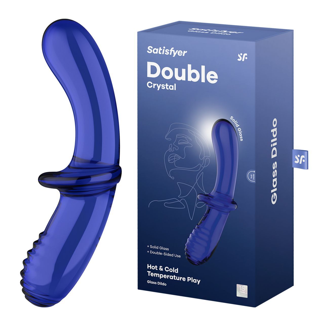 Produkt und Verpackung. Blauer Glasdildo neben blauer Box mit Produktnamen und Logo.