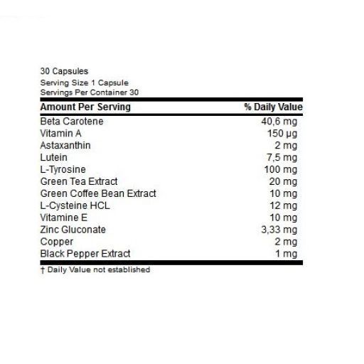 Nährwerttabelle mit Angaben pro Portion. Enthält Beta-Carotin, Vitamin A, Astaxanthin, Lutein, L-Tyrosin, Grüntee-Extrakt, etc.