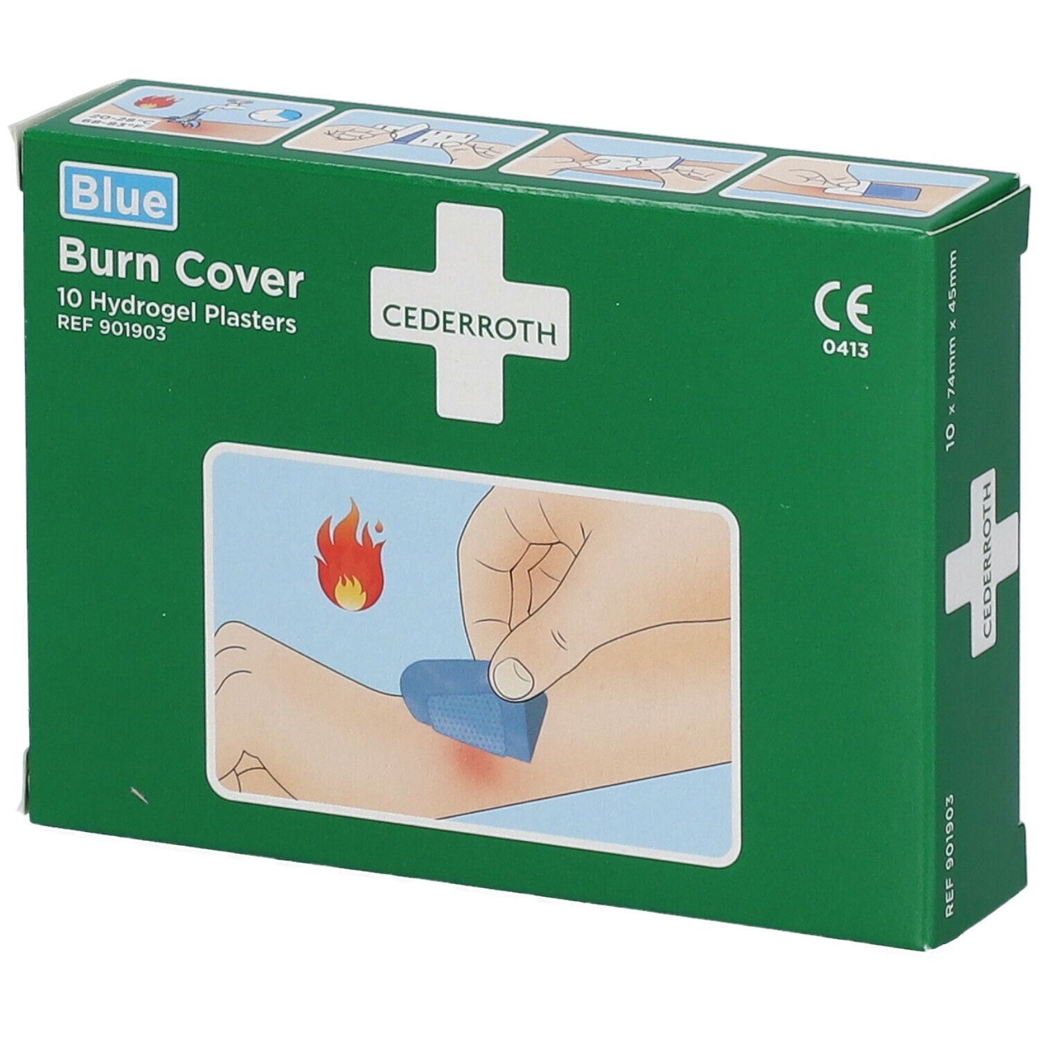 Grüne Schachtel mit "Blue Burn Cover" und "Cederroth" Logo. Zeigt ein Pflaster auf einem Arm. CE-Kennzeichnung.