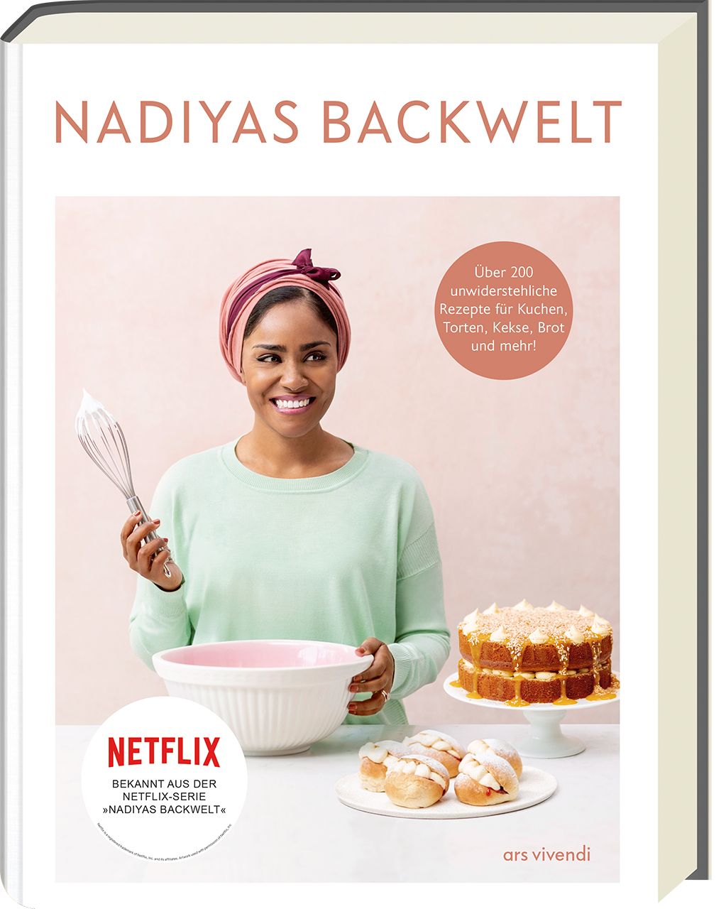 Buchcover mit Titel "Nadiyas Backwelt". Frau mit Kochutensilien und Kuchen. Netflix-Logo und Text "Bekannt aus der Netflix-Serie".