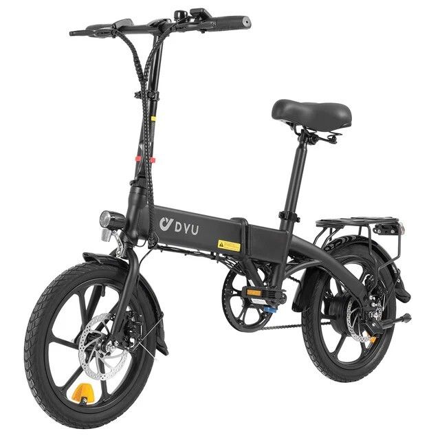 Schwarzes Elektro-Citybike mit Korb. Marke DYU sichtbar. 16-Zoll-Räder, Gepäckträger, Sattel, Lenker, Pedale und Scheibenbremsen.