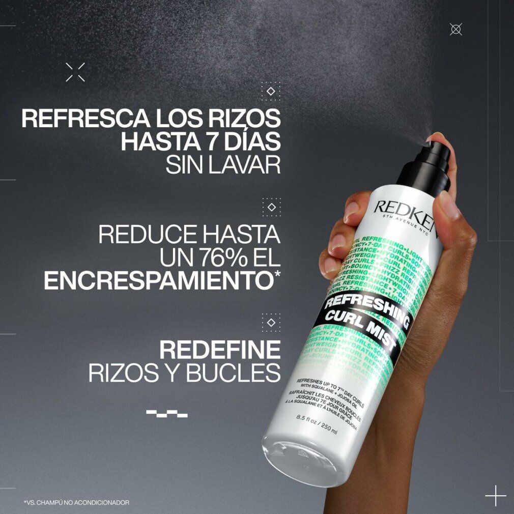 Redken Refreshing Curl Mist. Weiße Sprühflasche mit schwarzem Sprühkopf. Produktname und Text auf der Flasche. Hand hält die Flasche.