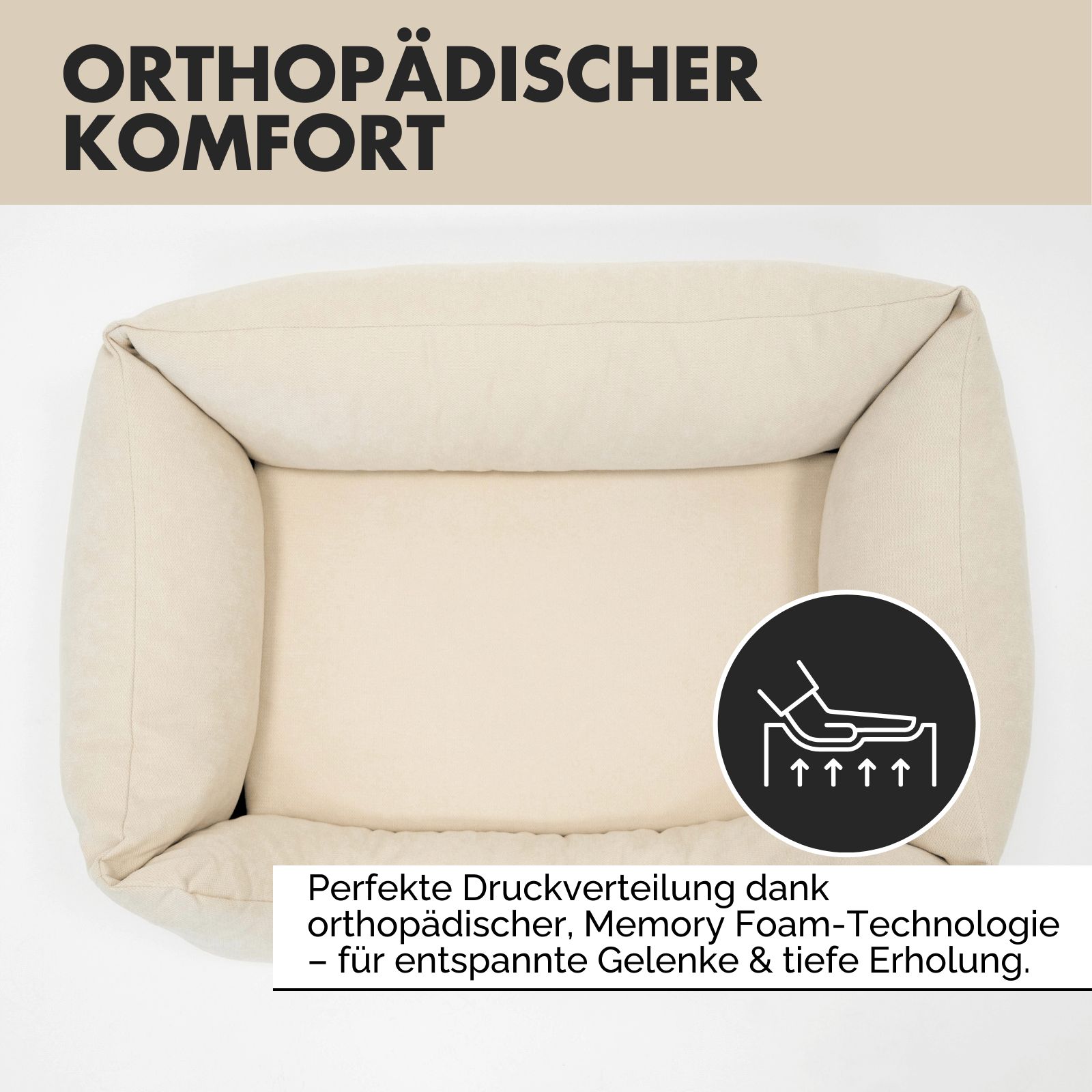 Beiges Hundebett. Text: Orthopädischer Komfort, perfekte Druckverteilung, Memory Foam Technologie.