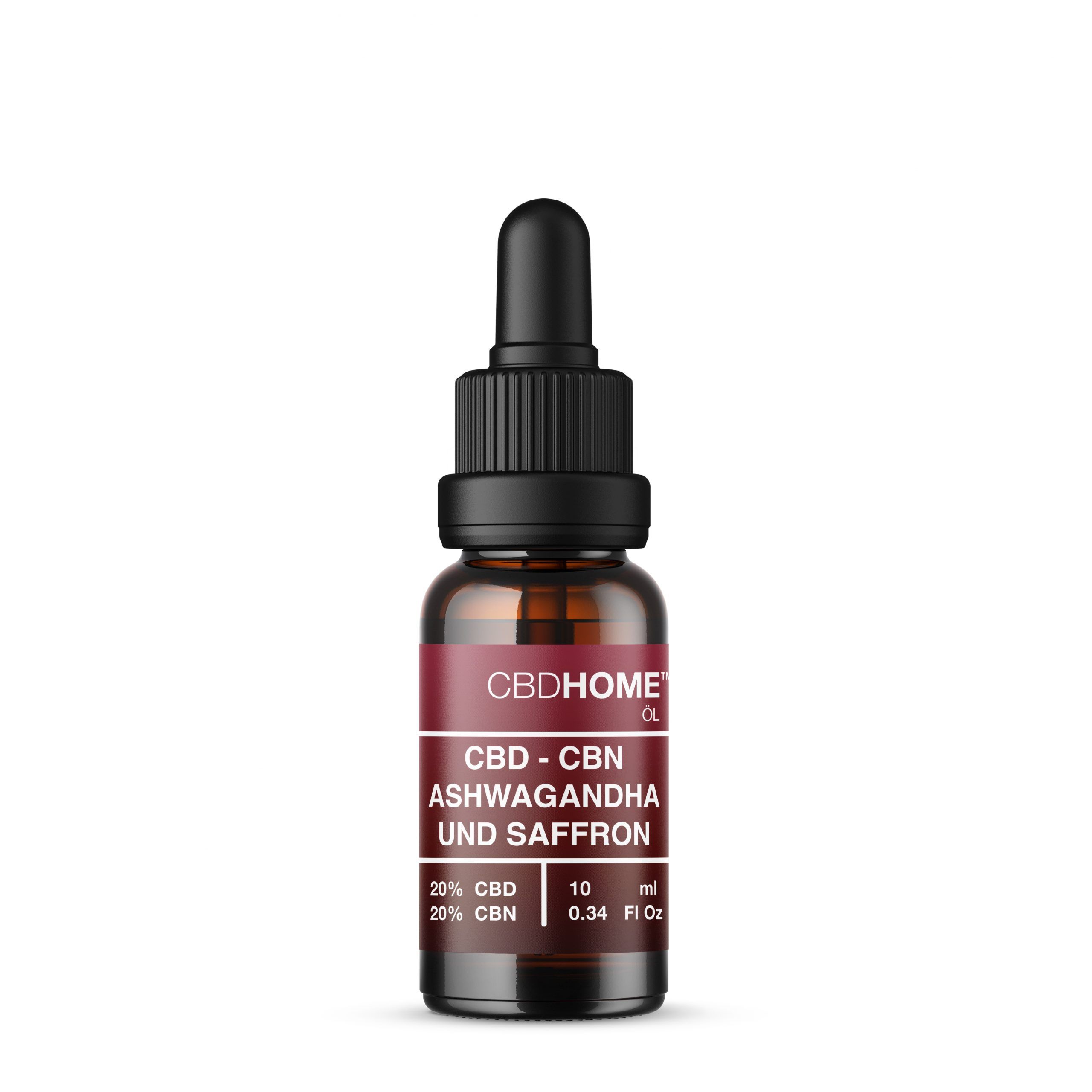 CBD HOME Ölflasche mit Pipette. Etikett zeigt CBD-CBN Ashwagandha und Safran, 20% CBD, 20% CBN.