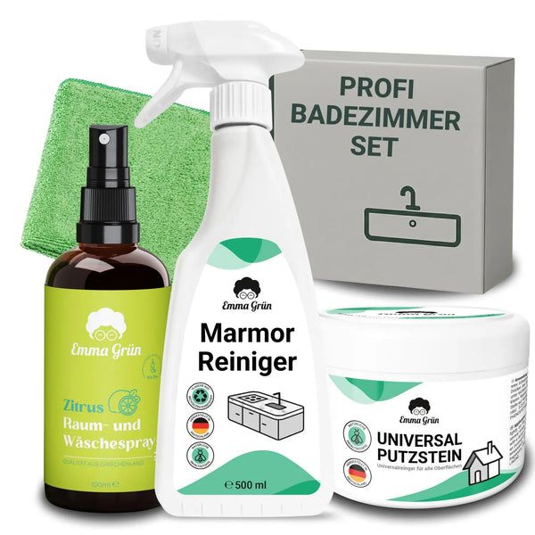 Badezimmer-Set mit Reiniger, Putzstein, Duftspray und Mikrofasertuch. Enthält Produkte von Emma Grün. Verpackung mit Produktnamen.