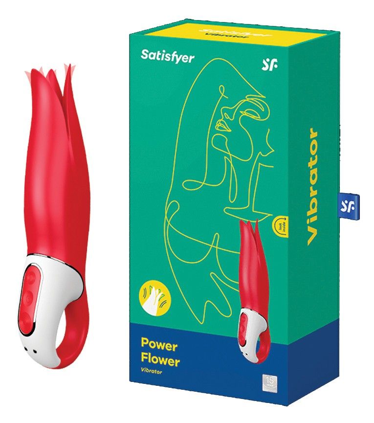 Roter Vibrator mit weißem Griff und Blütenblatt-Spitze, neben einer Verpackung mit dem Produktnamen 'Power Flower Vibrator'.