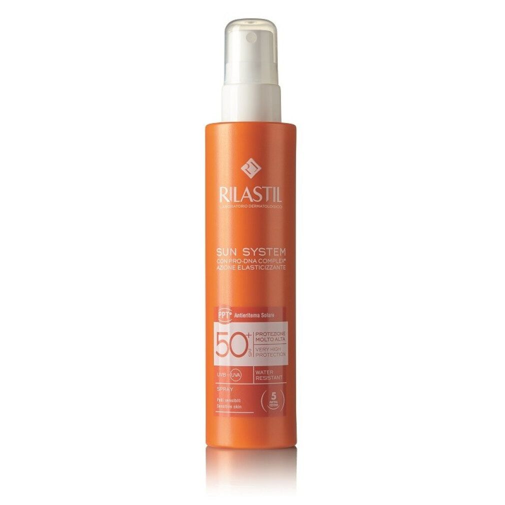 RILASTIL Sun System Spray Vapo SPF 50+ in einer orangefarbenen Sprühflasche.