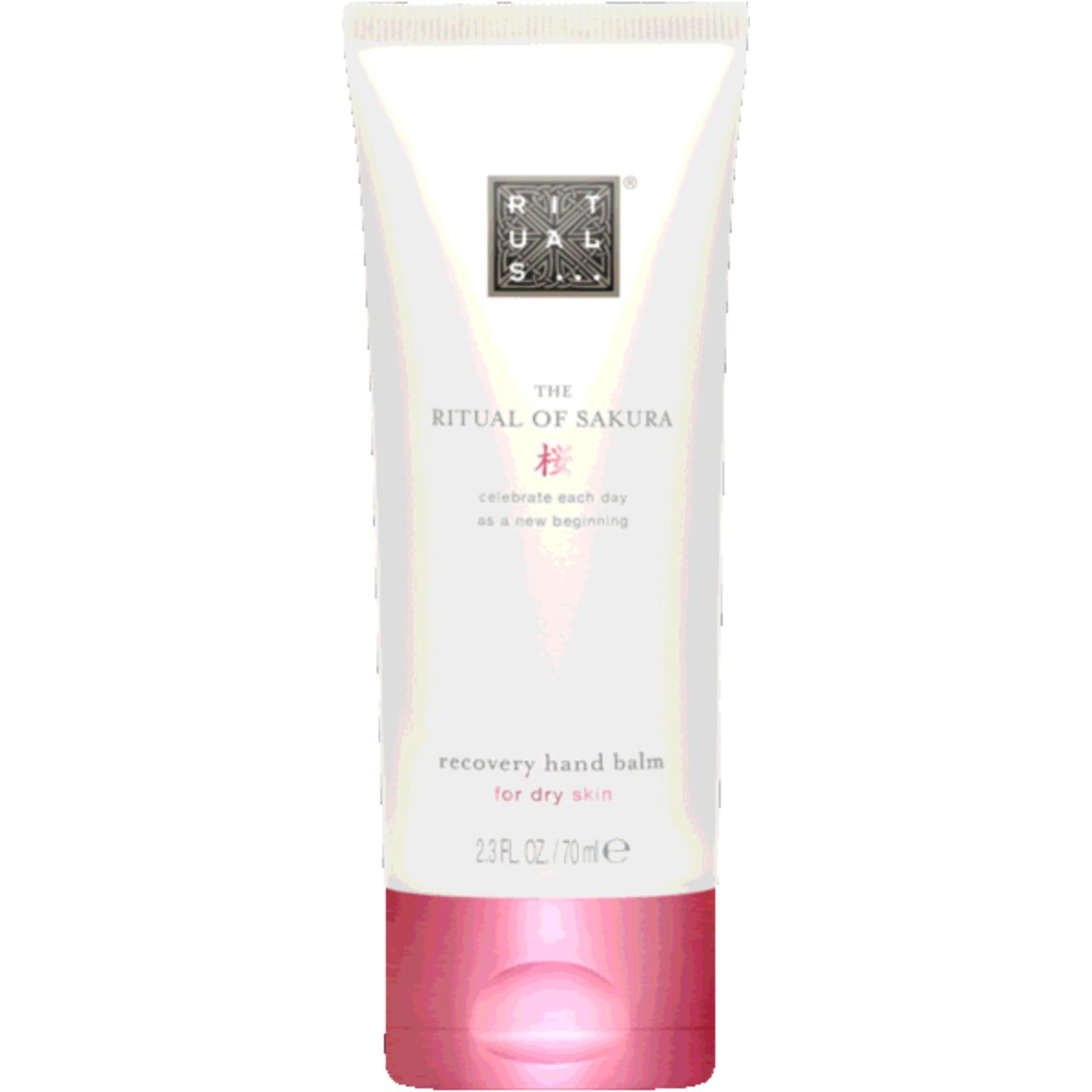 Handbalsam-Tube. Weiß, rosa Unterteil. Aufschrift: Rituals, The Ritual of Sakura, recovery hand balm for dry skin.