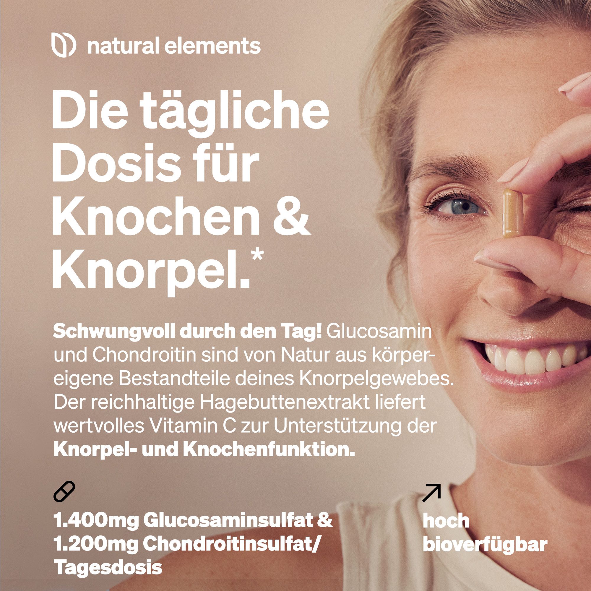 natural elements Glucosamin & Chondroitin – 180 Kapseln – mit Hagebuttenextrakt & Vitamin C