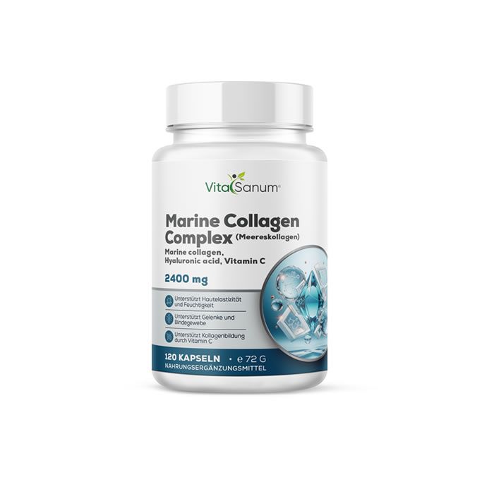 Weißes Pillenbehälter mit Aufschrift 'VitaSanum Marine Collagen Complex'. Enthält 120 Kapseln. Mit Vitamin C.