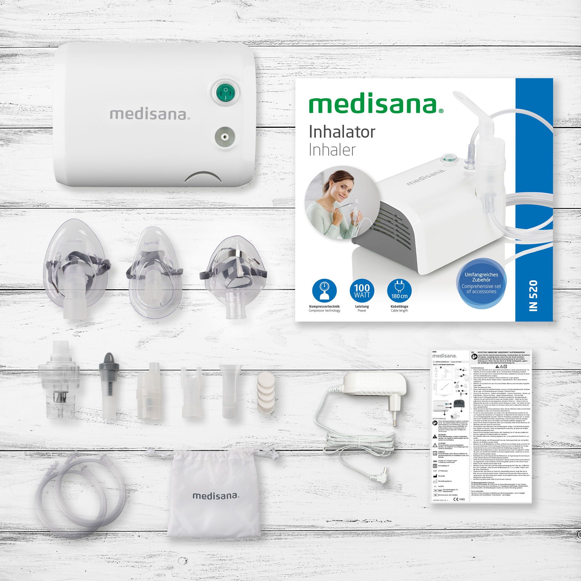 Medisana Inhalator IN 520 mit Zubehör: Vernebler, Masken, Schläuche, Netzteil und Beutel.