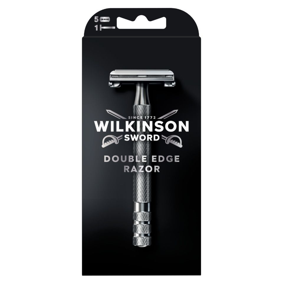 Rückseite einer Wilkinson Sword Double Edge Rasierer Verpackung mit Produktinformationen.
