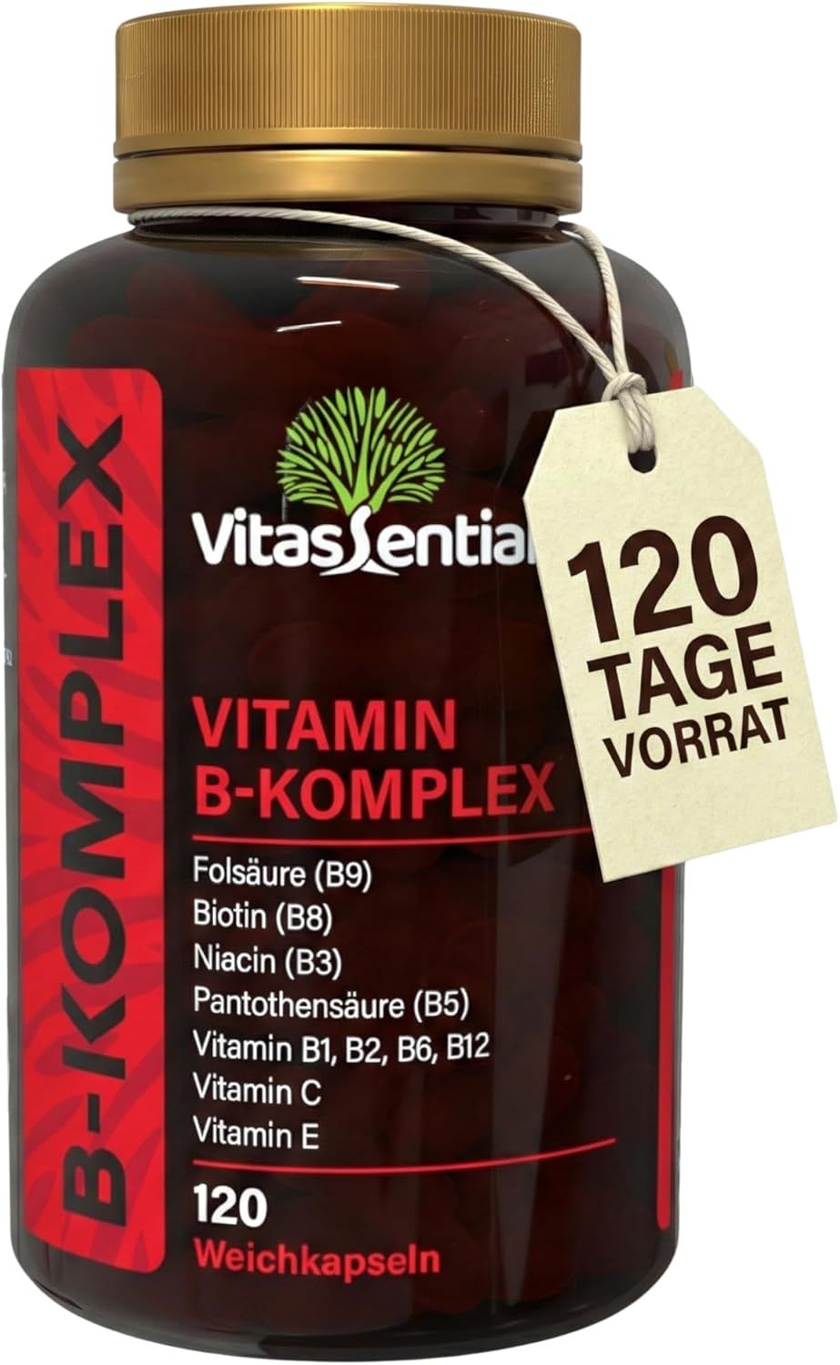 Braune Flasche Vitassential Vitamin B-Komplex mit Anhänger: 120 Tage Vorrat. Enthält Folsäure, Biotin, Niacin, Pantothensäure, Vitamine.