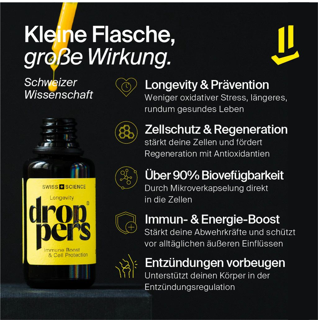 Braune Glasflasche mit schwarzem Deckel und Pipette. Gelbes Etikett mit Text: "dropers Immune Boost & Cell Protection".
