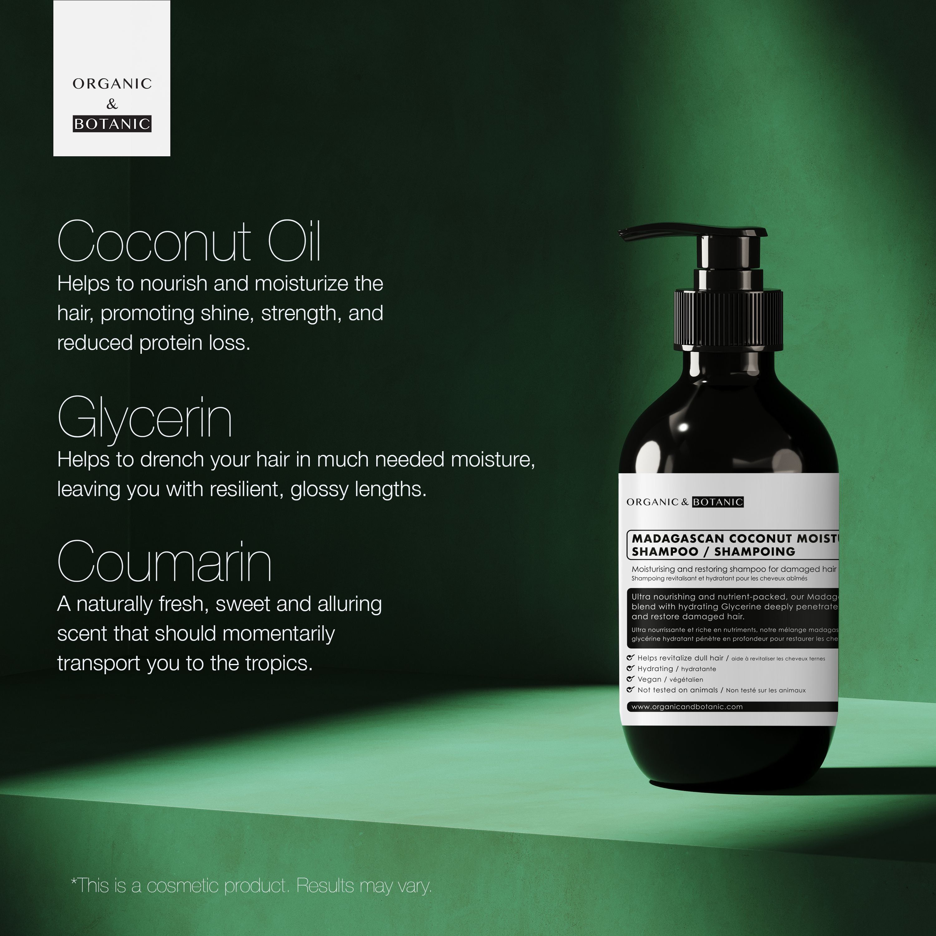 Braune Flasche mit schwarzem Pumpverschluss. Etikett mit Produktinformationen: Madagaskar Kokosnuss Feuchtigkeitsshampoo. Marke: Organic & Botanic. Text: Inhaltsstoffe.