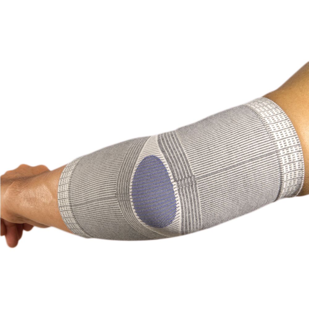 Ellenbogenbandage. Grau-weiß gestreiftes Textil, blaues Polster am Ellenbogen. Auf Arm getragen.