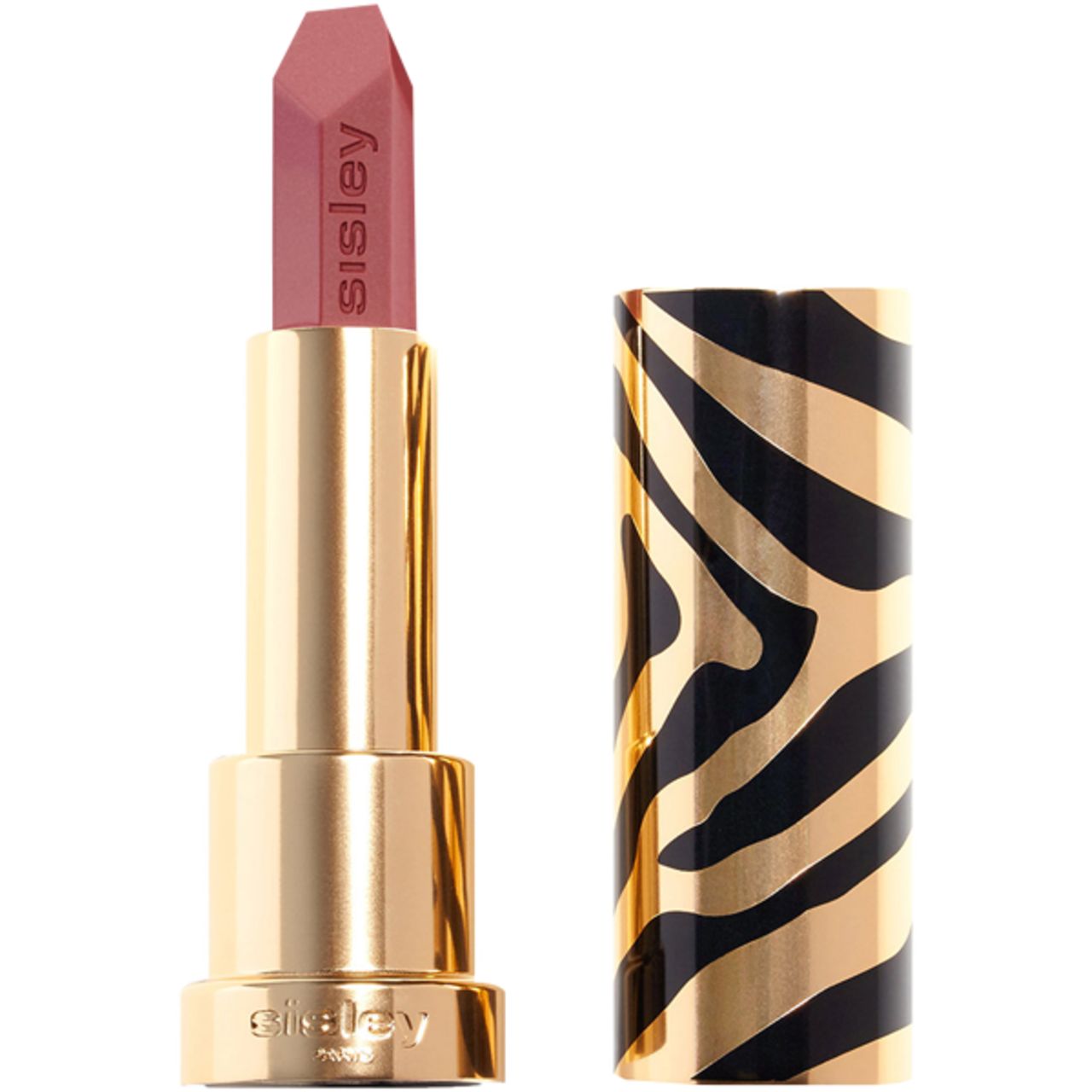 Lippenstift mit goldfarbener Hülse und Zebrastreifen-Muster. Der Lippenstift ist geöffnet und zeigt eine rosa Spitze mit Sisley-Schriftzug.
