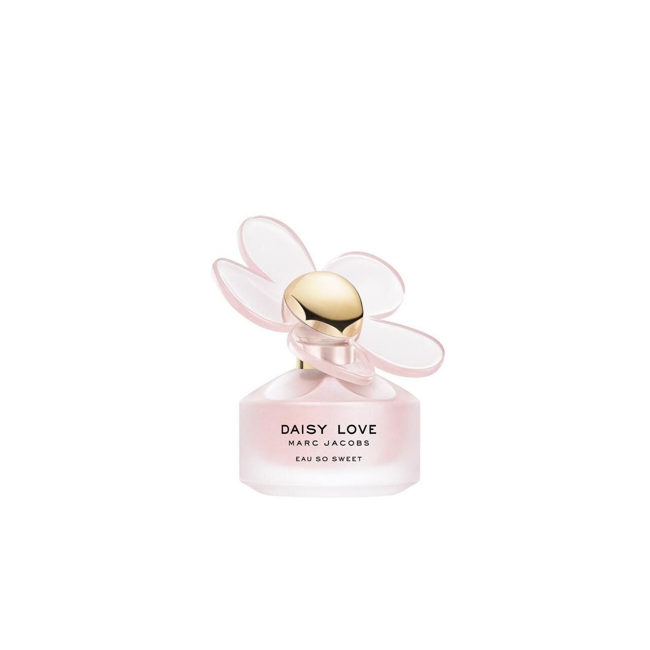Rosa Flakon mit goldfarbenem Verschluss und Blüten-Design. Aufschrift: Daisy Love, Marc Jacobs, Eau So Sweet.