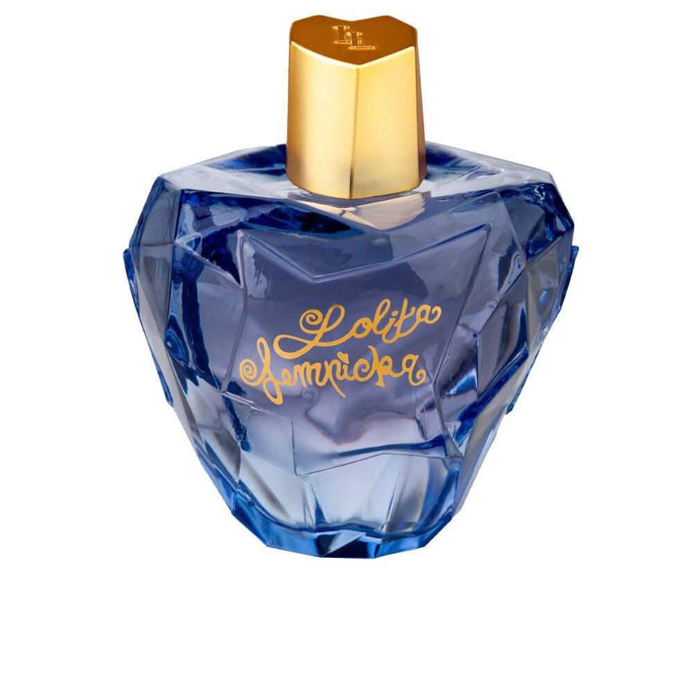 Blauer Flakon mit goldfarbenem Deckel. Aufschrift "Lolita Lempicka" in Gold. Facettiertes Design.