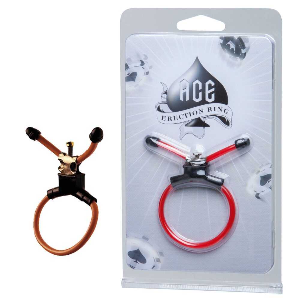 Erektionsring in Verpackung. Roter Ring mit schwarzem Halter und silbernem Element. Verpackung mit Logo 'ACE ERECTION RING'.