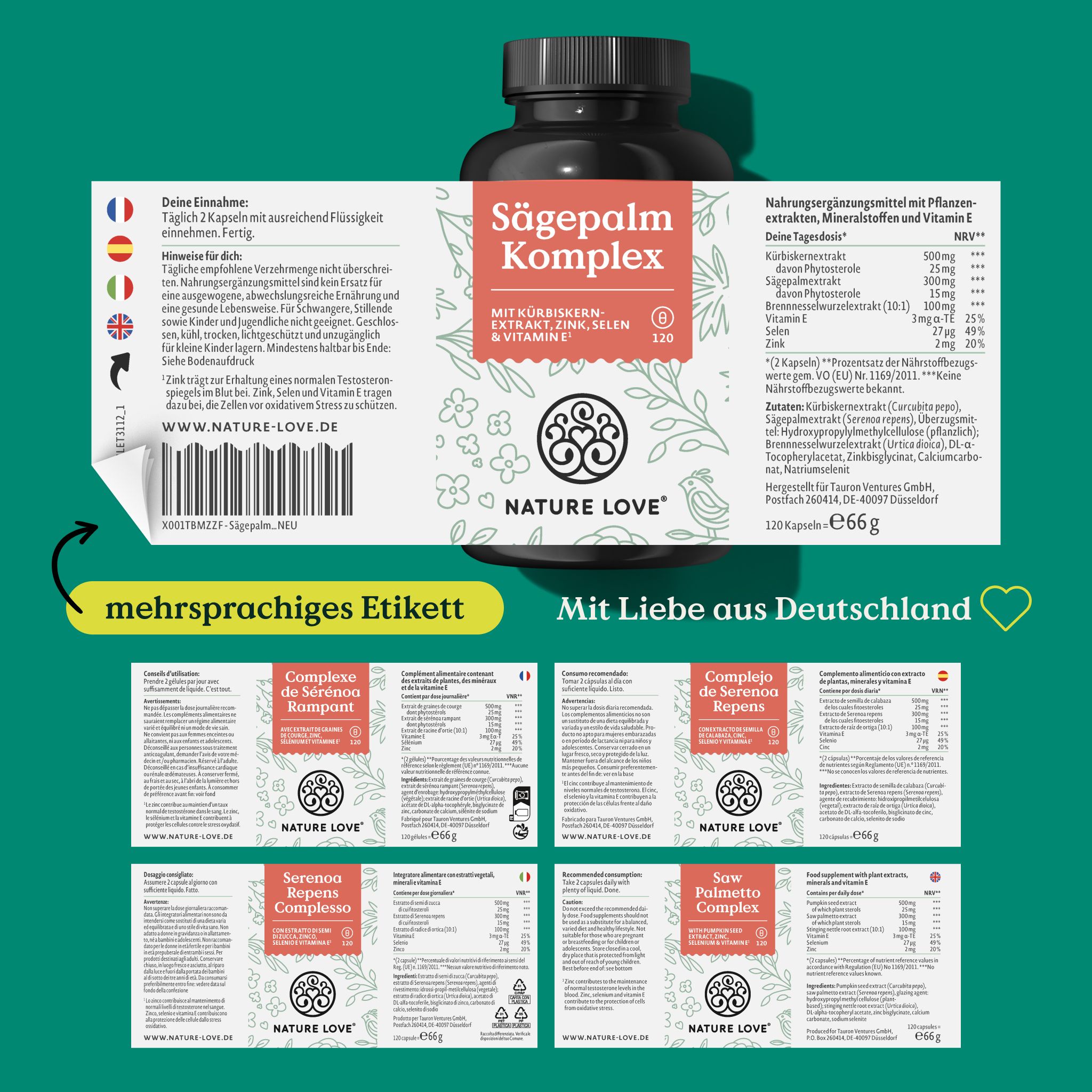 NATURE LOVE® Sägepalm Komplex - 120 Kapseln - Sägepalme (Saw Palmetto) mit 5% Phytosterolen