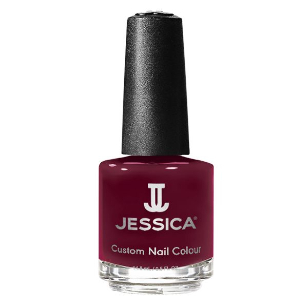Nagellackflasche mit schwarzem Deckel. Auf dem Flaschenetikett steht "JESSICA Custom Nail Colour". Die Flüssigkeit ist weinrot.
