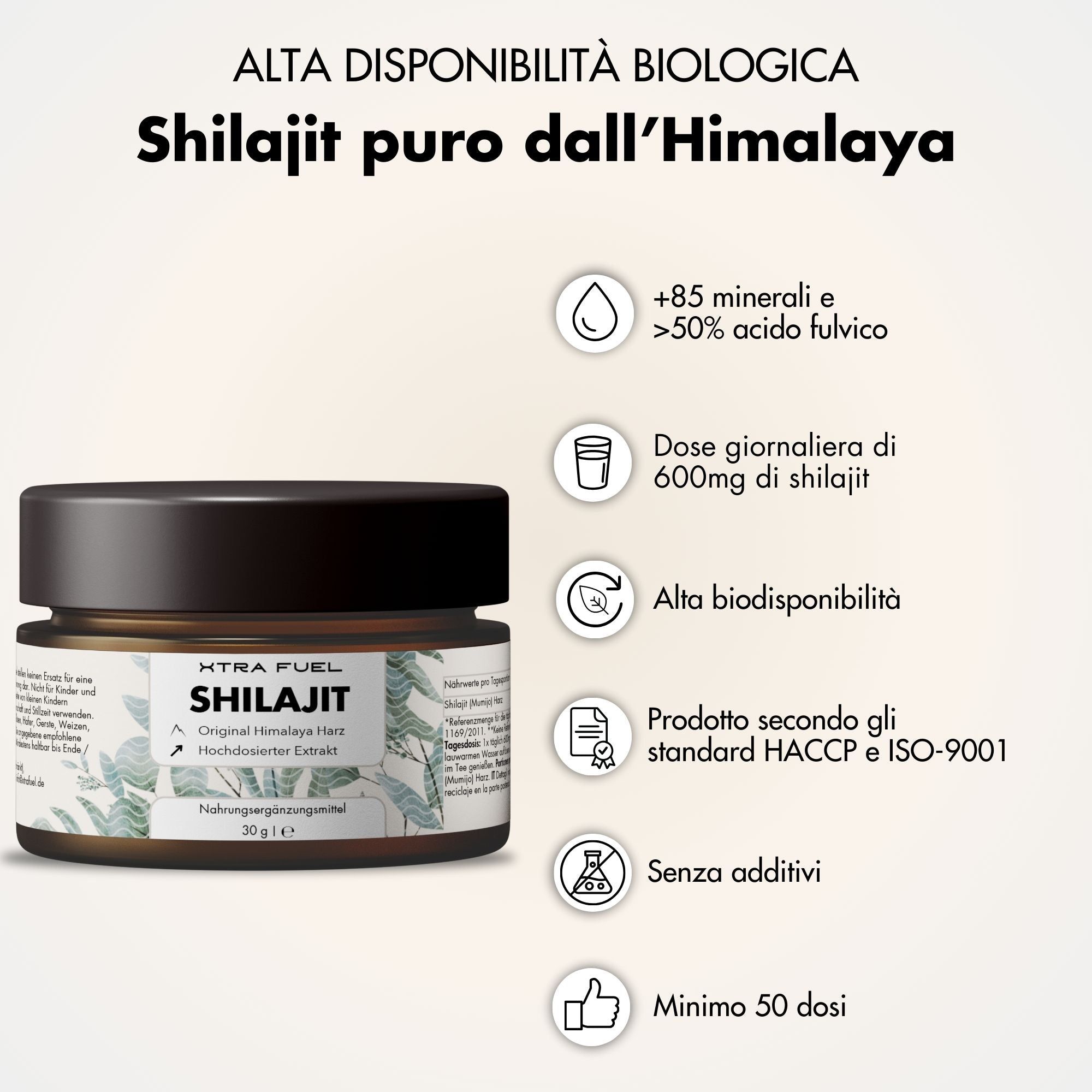 Barattolo marrone con testo 'XTRA FUEL Shilajit'. Testo: 'Original Himalaya Harz'.