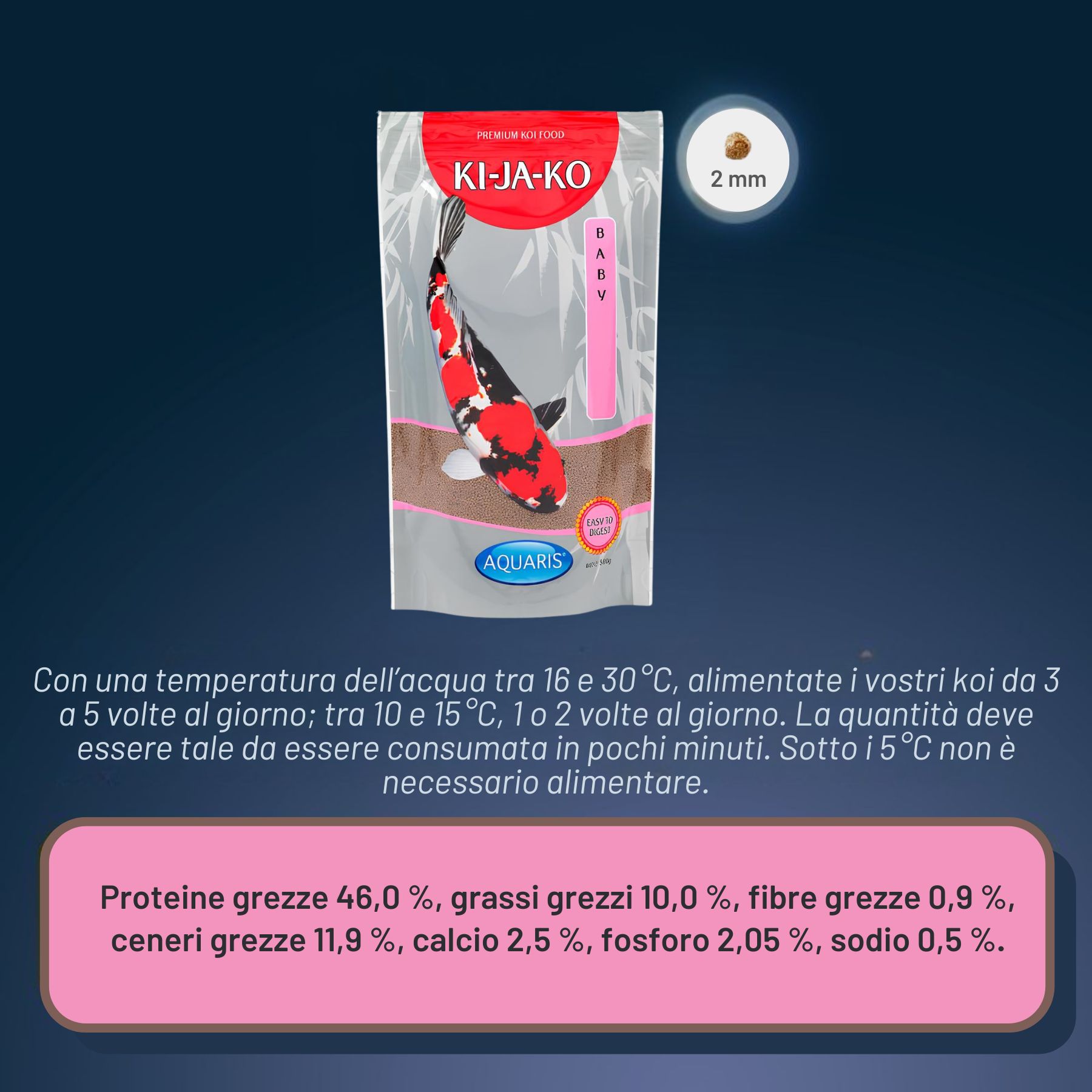 Confezione di mangime per koi KI-JA-KO Baby. Testo con informazioni nutrizionali. Pellet da 2 mm.