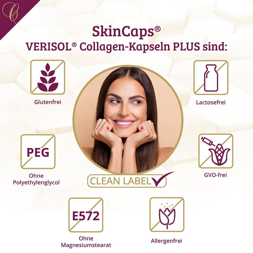 Grafik mit Frau und Text: SkinCaps VERISOL Collagen-Kapseln PLUS sind: glutenfrei, lactosefrei, ohne PEG, ohne Magnesiumstearat, allergenfrei, GVO-frei.