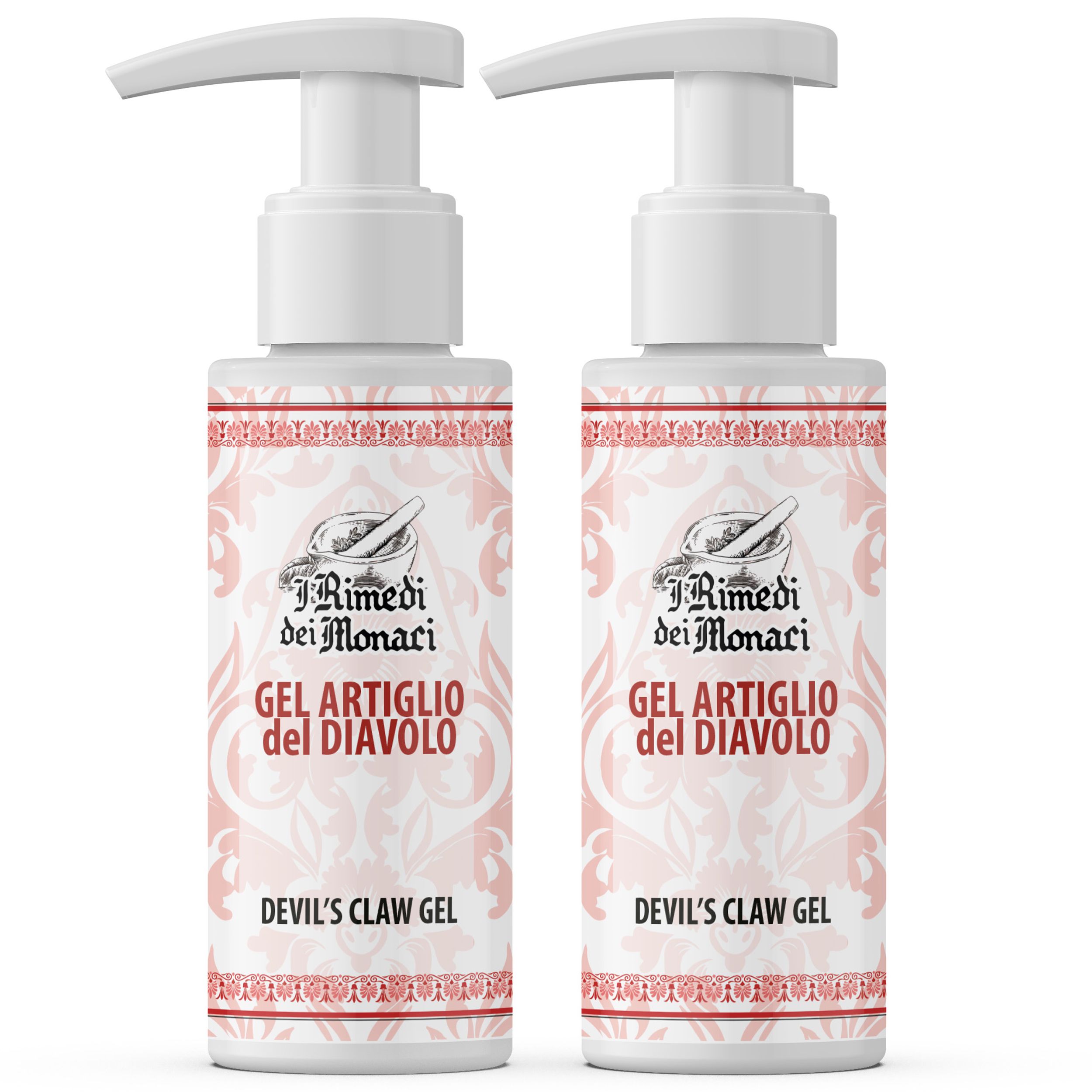 Zwei Flaschen mit weißem Pumpkopf. Aufschrift: Gel Artiglio del Diavolo, Devil's Claw Gel. Marke: I Rimedi dei Monaci.