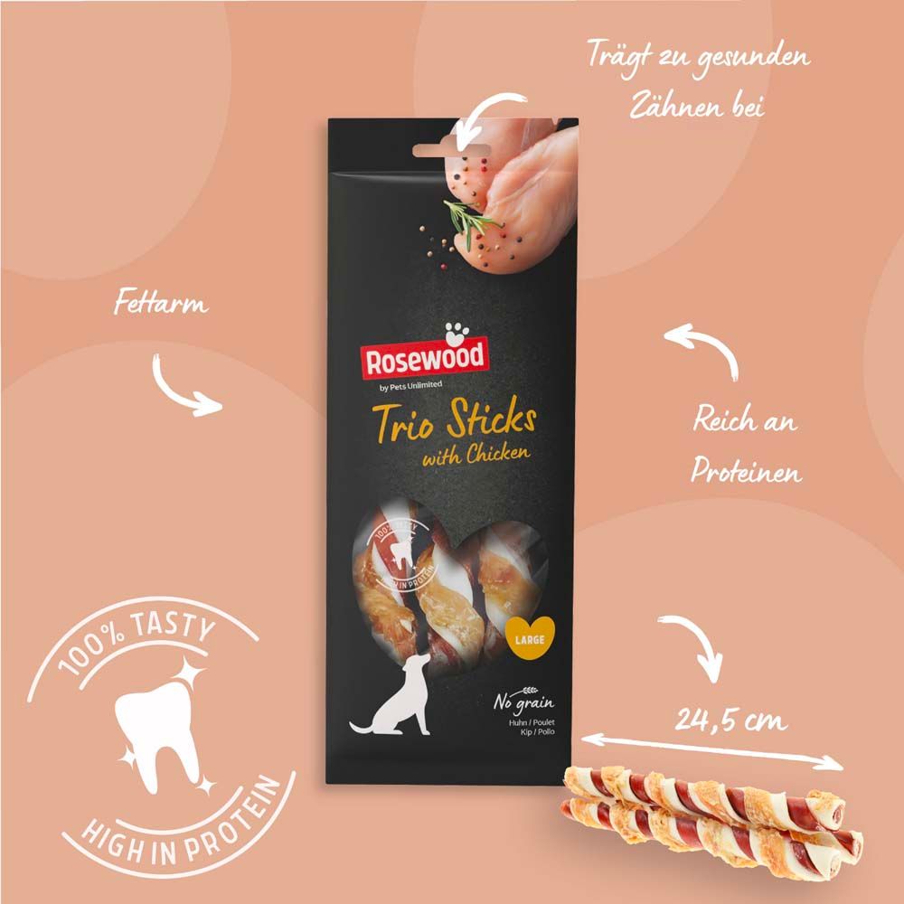 Verpackung Trio Sticks mit Huhn. Text, Pfeile und Symbole. Einzelne Sticks daneben. Marke Rosewood.