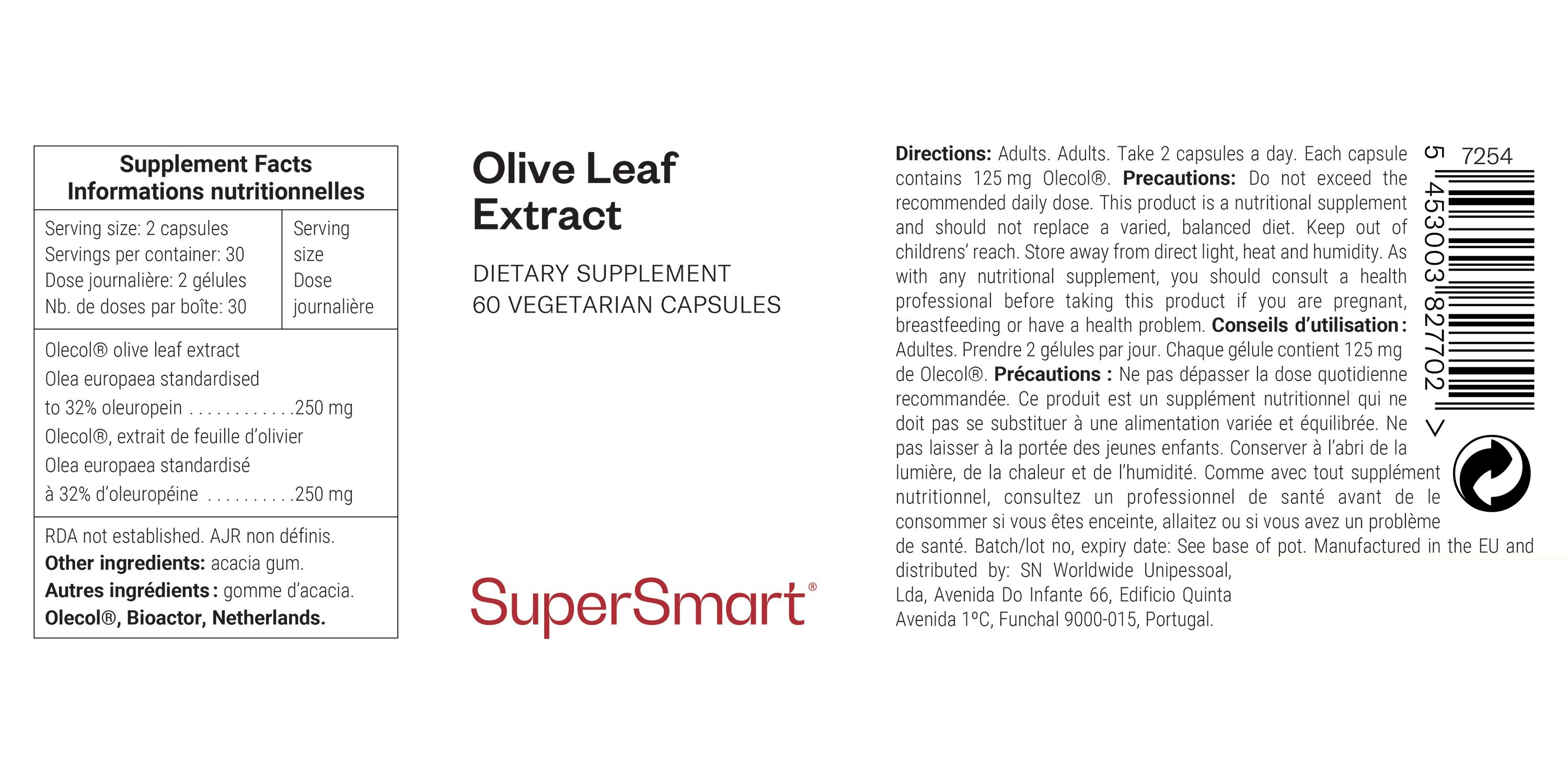 Etikett mit Text: Olive Leaf Extract, SuperSmart. Enthält Informationen zu Inhaltsstoffen und Dosierung.