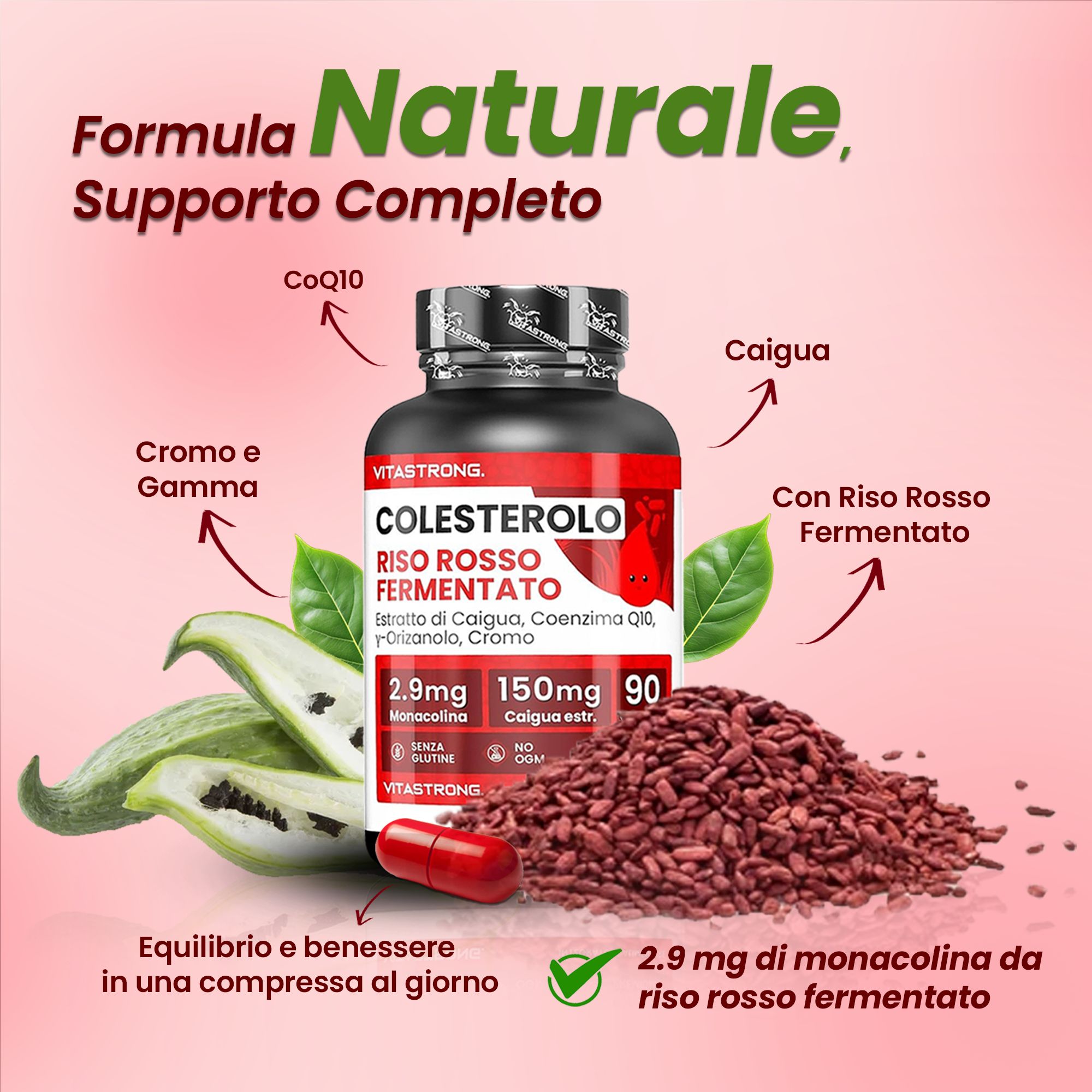 Vitastrong Cholesterin, 90 Tabletten. Schwarze Flasche mit rotem Etikett. Zutaten und roter Reis.