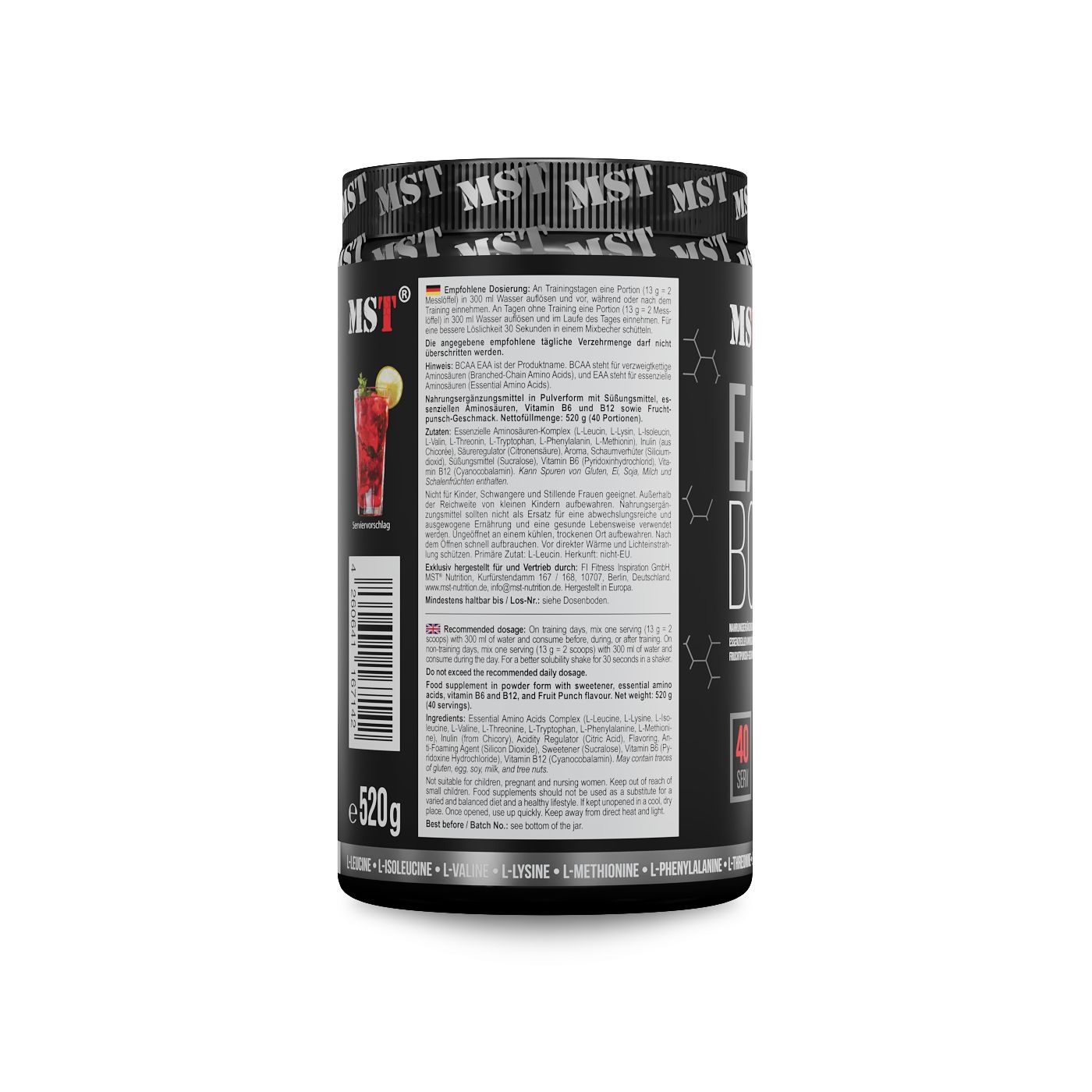 Schwarzer Behälter mit MST BCAA & EAA, 520g, Wild Cherry Geschmack. Enthält Aminosäuren und Nährwertangaben.