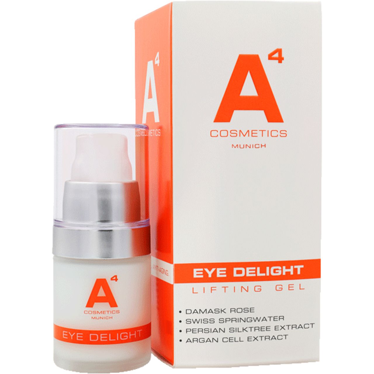 A4 Cosmetics Eye Delight Flasche und Verpackung. Weißes Fläschchen, silberner Deckel, orangefarbene Schrift.