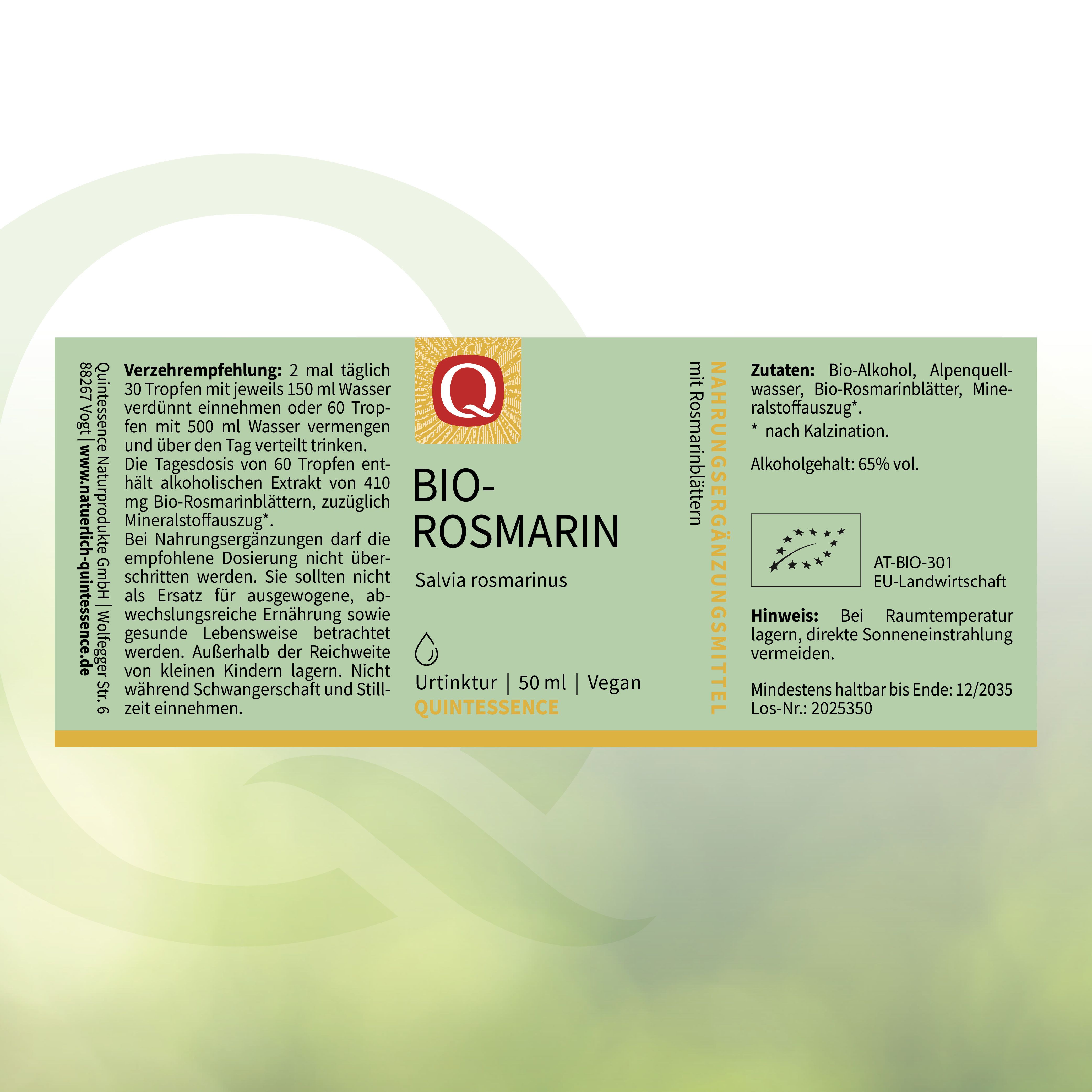Rückseite einer Flasche Quintessence Bio-Rosmarin Tinktur: Verzehrempfehlung, Inhaltsstoffe, Alkoholgehalt 65% vol., AT-BIO-301.