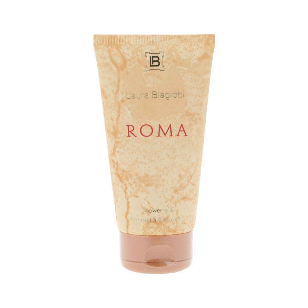 Beige Tube mit braunem Verschluss. Aufschrift: Laura Biagiotti, ROMA, Duschgel.