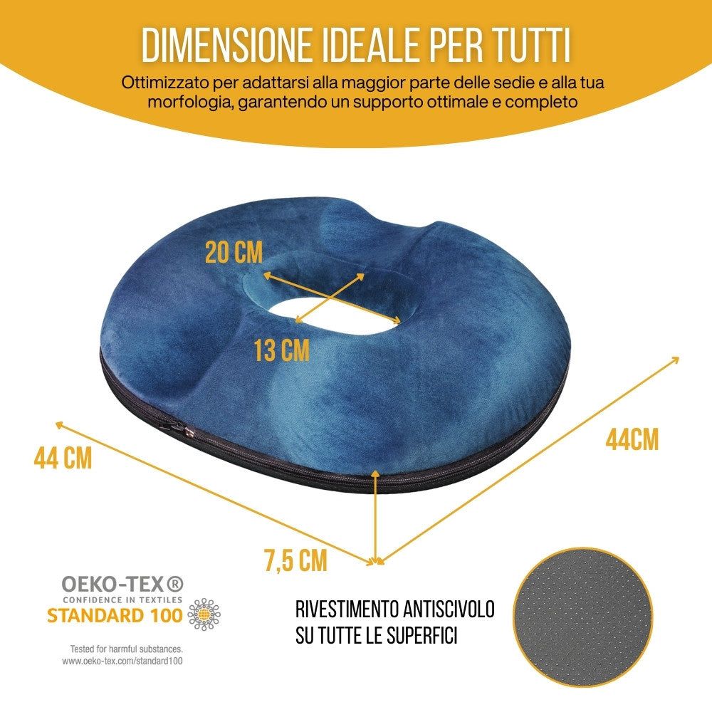 Cuscino a ciambella blu. Dimensioni: 44x44x7,5 cm, foro 20x13 cm. Rivestimento antiscivolo.