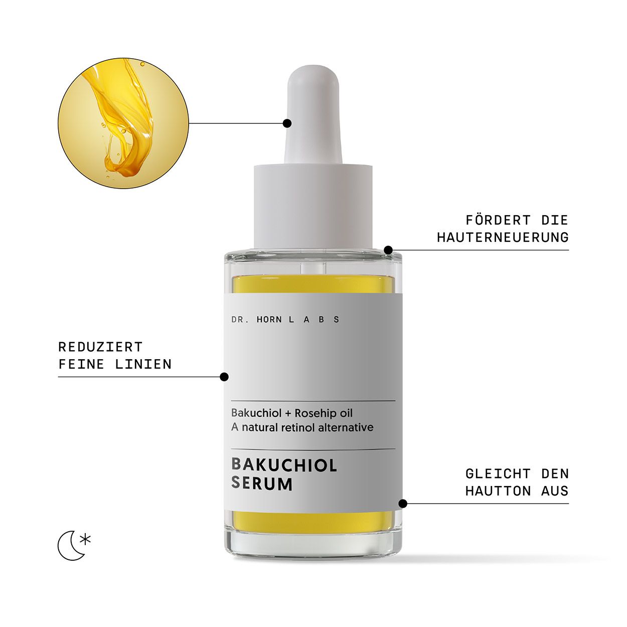 Serumflasche mit Pipette. Etikett mit Produktnamen und Inhaltsstoffen. Gelbe Flüssigkeit. Text: 'Fördert die Hauterneuerung'.